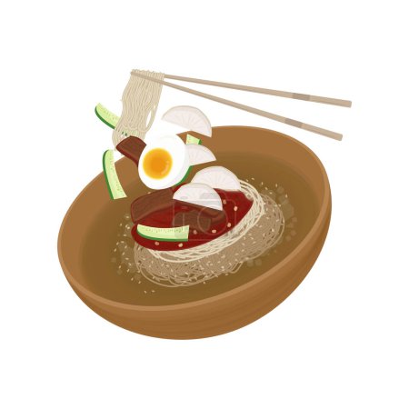 Illustration vectorielle logo prêt à manger nouilles froides coréennes bibim naengmyeon