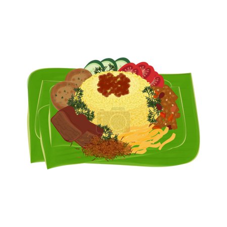 Logotipo de ilustración vectorial Nasi Kuning o arroz amarillo o arroz cúrcuma sobre hojas de plátano