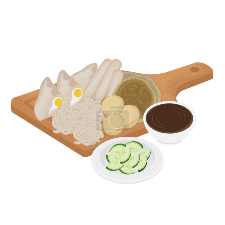 Vector Illustration Logo indonesische Lebensmittel Pempek auf einem Holzsockel