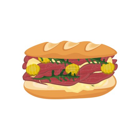 Illustration vectorielle logo Clip art sandwich Baguette Pastrami isolé