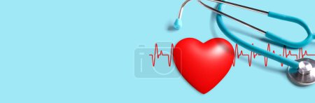 Foto de Red Heart, Stethoscope and cardiogram on blue background, banner for heart health, health care, health checkup concept background - Imagen libre de derechos