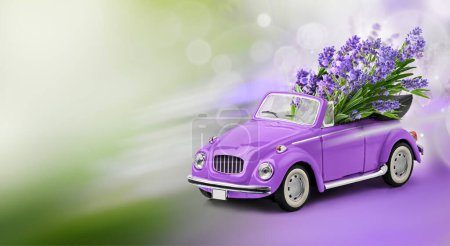 Téléchargez les photos : Un tas de lavande dans une voiture de jouet rétro convertible se déplaçant sur fond de nature - en image libre de droit