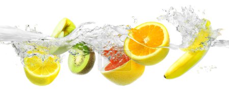 Photo for Fresh fruits falling in water with splash on a white background. Splashing fruit on water. - Royalty Free Image