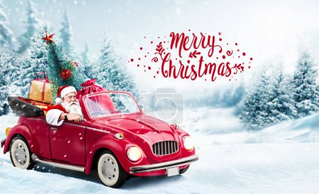 Merry Christmas greeting card with hand lettering inscription .Santa Claus drives the red toy car and delivers presents and christmas tree at snow background with snow drifts and snow-covered forest.