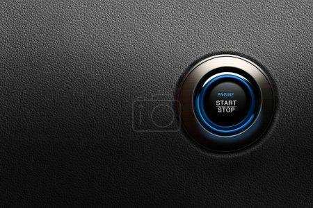 Engine Start Stop button on modern car. Black leather textured dashboard, copy space