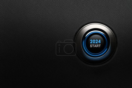 Téléchargez les photos : Bouton de démarrage Année 2024 lueur bleue sur fond cuir noir. Espace de copie - en image libre de droit