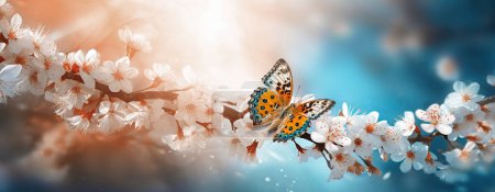 Foto de Rama de cerezo floreciente con mariposa sobre fondo claro primavera azul y rosa. Banner de primavera con espacio de copia. - Imagen libre de derechos