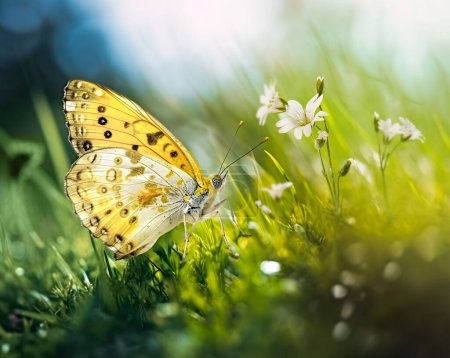 Wild flowers in grass and Yellow butterfly in the meadow