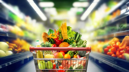 Photo for Shopping cart full of groceries at the supermarket aisle. - Royalty Free Image