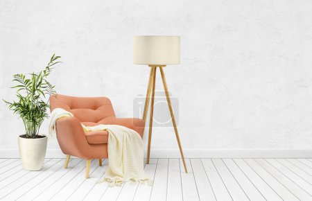 Photo for Modern interior with white empty mock-up wall, pink armchair, plant in a pot and floor lamp on white interior background - Royalty Free Image
