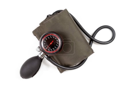 Photo for Blood pressure monitor alone in close-up view from above on a cropped white background. - Royalty Free Image