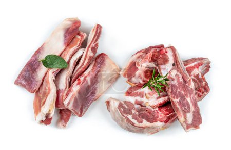 Photo for Raw lamb meat with bromary and laurie, for preparation of a stew. - Royalty Free Image