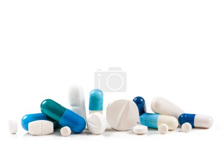 Foto de Drogas azules y blancas en macro y agrupadas - Imagen libre de derechos