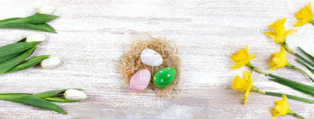 Téléchargez les photos : Œuf de Pâques dans le nid avec des fleurs de printemps sur fond panoramique en bois blanc - en image libre de droit