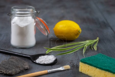 Photo for Baking soda, vinegar and cut lemons Materiel for non toic cleaning freindly household - Royalty Free Image