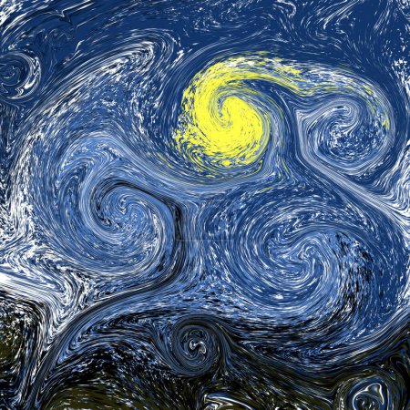 Téléchargez les photos : Illustration stylisée d'un ciel nocturne avec une lune, spirales colorées en bleu, noir et jaune. Fond dans le style de la peinture de Van Gogh Starry Night Design pour affiches d'expositions, d'art. - en image libre de droit
