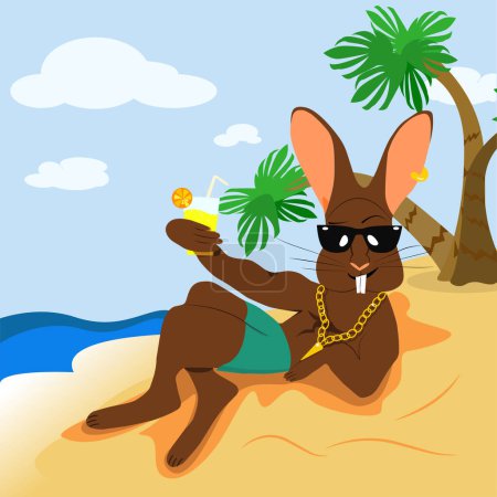 Illustration for A cool dark-skinned hare in sunglasses with a gold chain around his neck on an island. A tanned rabbit with a cocktail in his hand on the beach, palm trees, ocean. Symbol of the year 2023. Vector. - Royalty Free Image