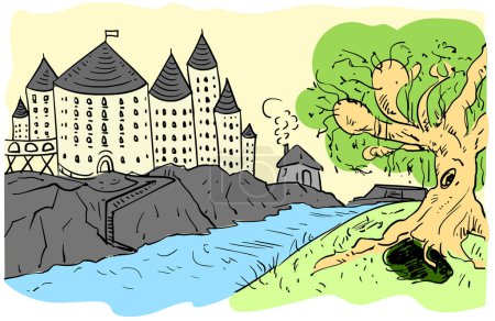 Illustration for Hogwarts, fairytale castle, weeping willow and burrow, a small house by the river, potter. Easy sketch, color illustration to the book. Medieval settlement, village. - Royalty Free Image