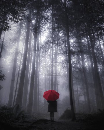 Photo for Girl standing with red umbrella in the forest - Royalty Free Image