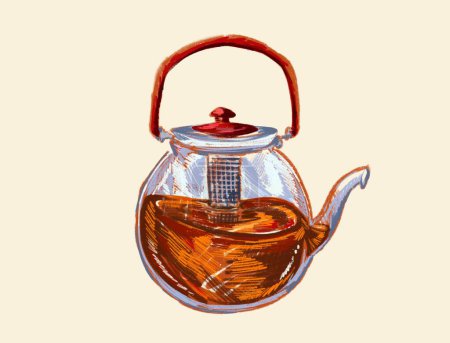 Téléchargez les photos : Boissons de thé brun rafraîchissantes à l'intérieur d'une théière en verre avec poignée et capuchon. Illustration de boisson texturée isolée sur fond jaune clair. - en image libre de droit