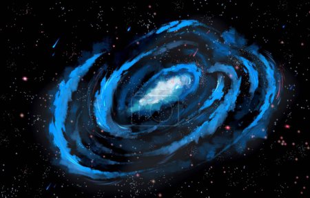 Messier 83. NGC 5236. Barred spiral galaxy with blue color isolated on dark space and stars background. Object outside earth illustration drawing.