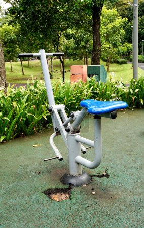 Free outdoor park metal iron steel static bicycle bike gym equipment isolated on vertical ratio environment with green grasses and beach spider lily flower plants.