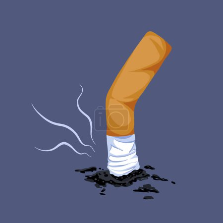 Crushed vertical unhealthy cigarettes and it's black ashes on the floor ground. Vector illustration of putting off cig on the ground with cartoon flat art style on dark background with square layout.