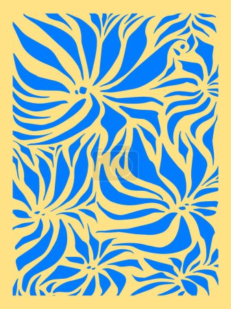 Téléchargez les photos : Fleurs et feuilles abstraites de couleur bleue pour la conception de tshirt ou d'affiche. Illustration vectorielle isolée sur fond vertical jaune. Simple dessin animé plat art minimaliste dessin stylisé. - en image libre de droit