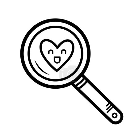 Illustration for Finding love with magnifying glass vector illustration icon with black outline isolated on white square background. Simple flat minimalist art styled drawing with valentine and love theme. - Royalty Free Image