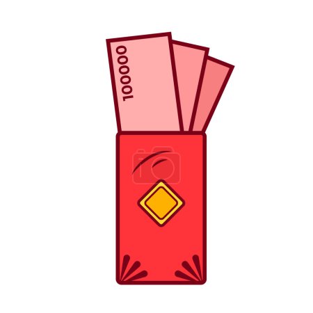 Illustration for Red Rupiah money 100000 inside angpao or chinese lunar red envelope colored vector icon illustration with outline isolated on plain white background. Lunar chinese new year themed drawing. - Royalty Free Image