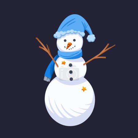 Téléchargez les photos : Bonhomme de neige avec chapeau bleu et écharpe vectorielle illustration sans contour isolé sur fond carré gris foncé. Simple dessin dessin dessin animé plat plein de couleur style. - en image libre de droit