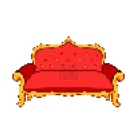 Téléchargez les illustrations : Rouge fantaisie beaux et chers canapés-salons de style sièges. Pixel bit rétro jeu style vectoriel illustration dessin de meubles. Œuvre intérieure plate simple. - en licence libre de droit