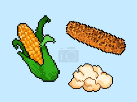 Ilustración de Maíz crudo, maíz tostado y un bocadillo de maíz. Pixel bit retro juego estilo vector ilustración dibujo conjunto colección paquete grupo. Simple dibujo animado plano aislado en azul relación horizontal. - Imagen libre de derechos