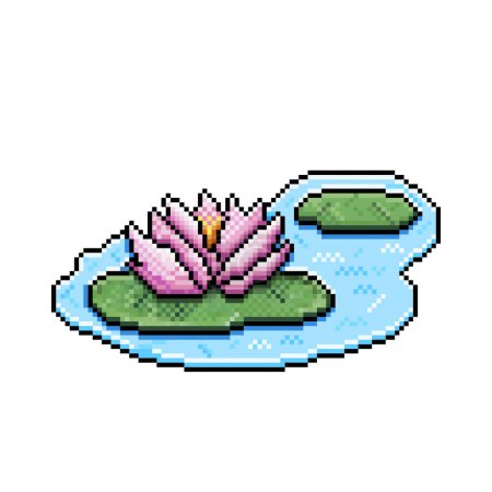 Illustration for Pink water lily pond flower botanical plants with leaves and water. Pixel bit retro game styled vector illustration drawing isolated on white background. Nymphaeaceae. Rhizomatous  aquatic herbs. - Royalty Free Image