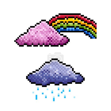 Clouds with rainbow and purplish blue cloud with rain. Pixel bit retro game styled vector illustration drawing. Simple flat cartoon drawing isolated on square white background.