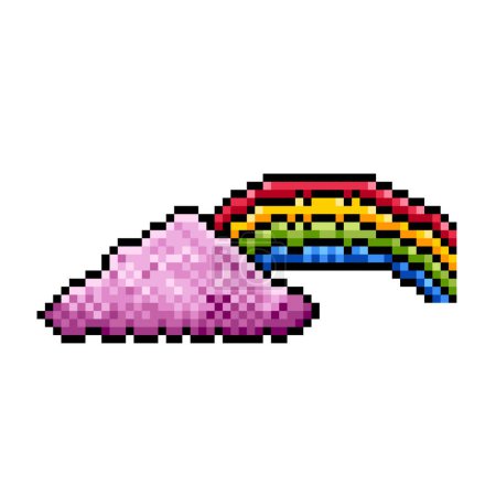 Pink colored cloudscape with rainbow. Pixel bit retro game styled vector illustration drawing. Simple flat cartoon drawing isolated on square white background.