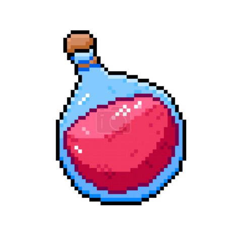 Red potion inside round clear glass bottle. Pixel bit retro game styled vector illustration drawing. Simple flat cartoon styled drawing isolated on square white background.