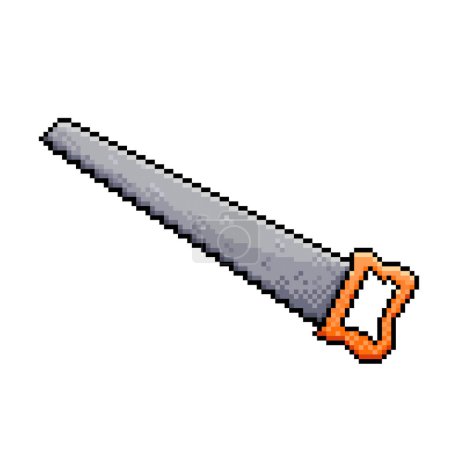Hand saw with orange handle. Pixel bit retro game styled vector illustration drawing. Simple flat cartoon styled drawing isolated on white square background.
