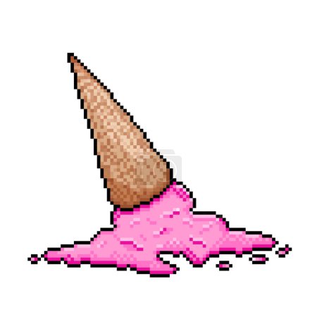 Fallen down sweet strawberry ice cream cone melting on the floor. Pixel bit retro game styled vector illustration drawing. Simple flat cartoon styled drawing isolated on white square background.