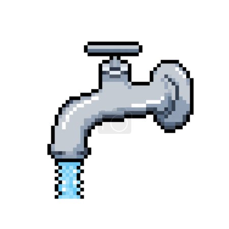 Opened tap water faucet with running water. Pixel bit retro game styled vector illustration drawing. Simple flat cartoon art isolated on square background.