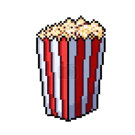 Pop corn inside white and red paper container. Pixel bit retro game styled vector illustration drawing. Simple flat cartoon art isolated on square background.