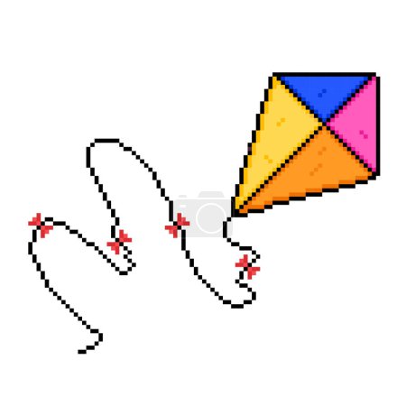 Kite with red ribbons decoration. Pixel bit retro game styled vector illustration drawing. Simple flat cartoon art isolated on square background.