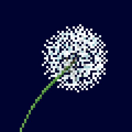 Close up one white dandelion flower. Pixel bit retro game styled vector illustration drawing. Taraxacum officinale. Simple flat cartoon art isolated on dark blue square background.