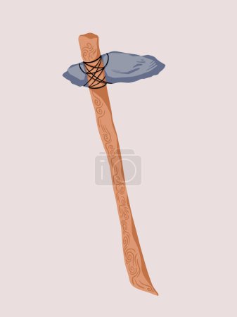 Prehistórico primer hacha de piedra herramienta humana con mango de madera e ilustración vector de encuadernación de cuero aislado en relación vertical fondo marrón liso. Dibujo simple dibujo plano de dibujos animados estilo.