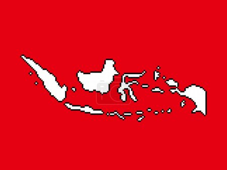 Indonesia island country red and white colored map. Pixel bit retro game styled vector illustration drawing isolated on horizontal ratio background.