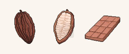 Cocoa chocolate fruit and bar. Pixel bit retro game styled vector illustration set collection bundle drawing isolated on horizontal ratio background.