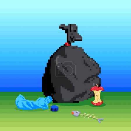 Trashes garbage junks on sky and grass background. Trash bag, apple core, fish bone, and crumpled plastic bottle. Pixel bit retro game styled vector illustration drawing.