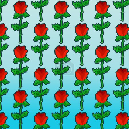 Red rose with green leaves pattern pixel bit retro vintage game cartoon flat simple styled vector illustration drawing poster background isolated on square gradient blue template backdrop.
