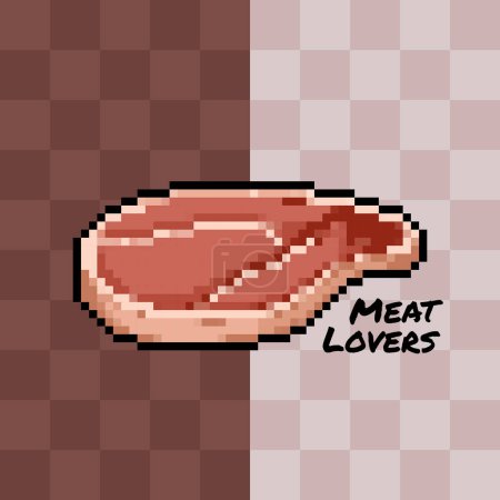 Meat lovers poster on brown checkered background. Pixel bit retro cartoon game styled vector illustration drawing.
