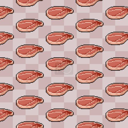Raw steak meats pattern on light brown checkered background. Pixel bit retro game cartoon simple art styled vector illustration drawing isolated vintage wallpaper.
